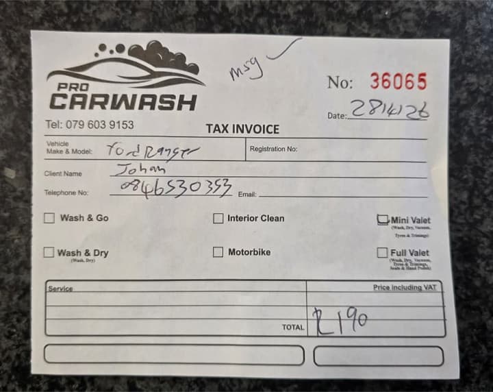 Pro Carwash tax invoice — handwritten total of R 190