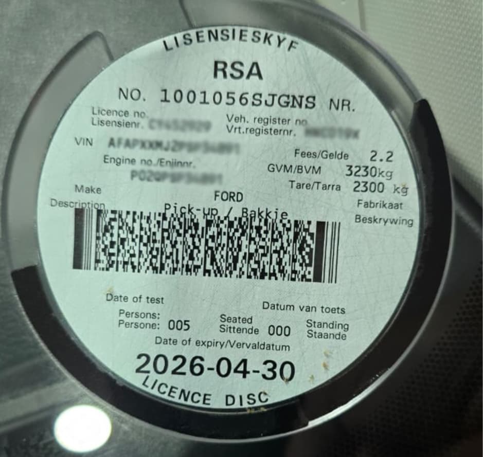 South African vehicle licence disc