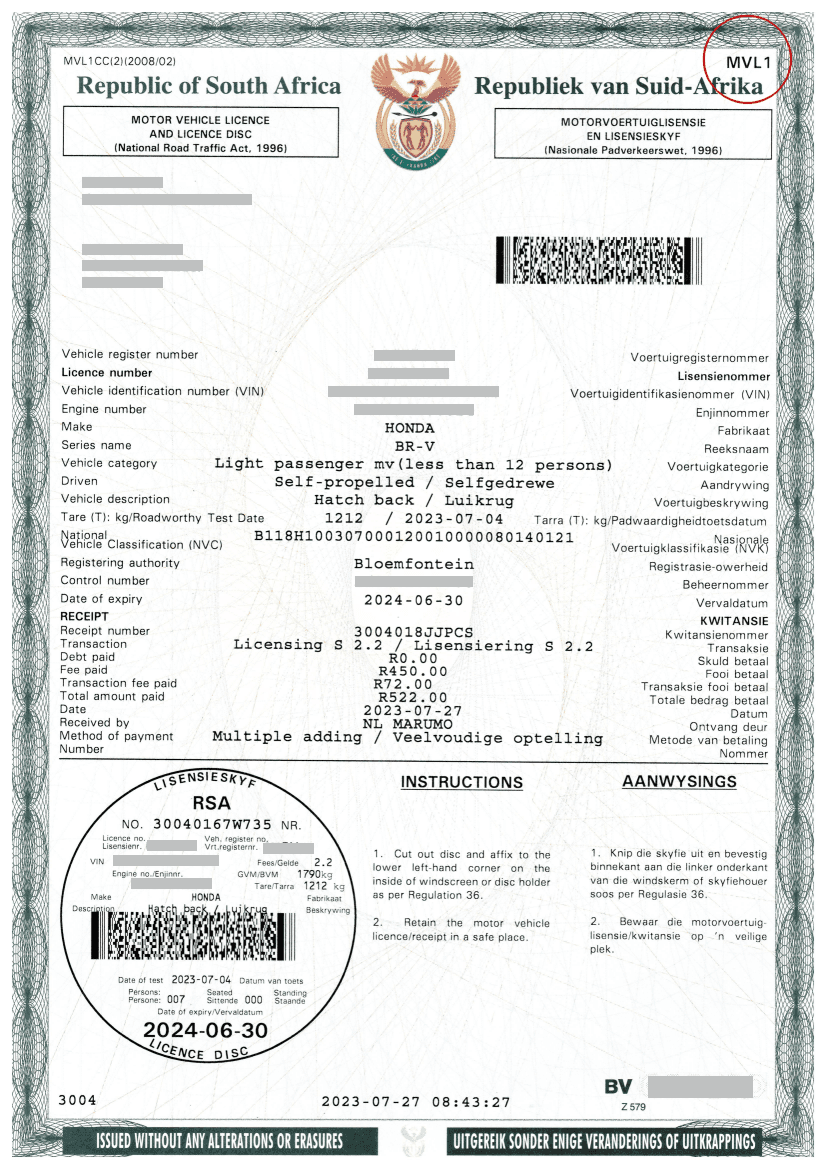 SA MVL1 motor vehicle licence renewal form — sample with receipt section and licence disc